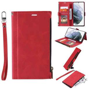 For Samsung Galaxy Note20 Ultra Side Zipper Back Card Horizontal Flip PU Leather Case with Card Slots & Wallet & Photo Frame & Lanyard(Red)