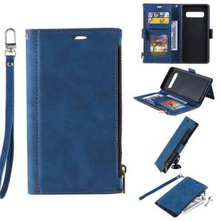 For Samsung Galaxy S10 Side Zipper Back Card Horizontal Flip PU Leather Case with Card Slots & Wallet & Photo Frame & Lanyard(Blue)