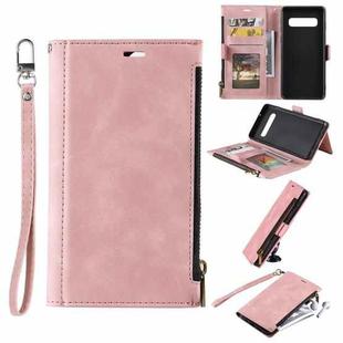 For Samsung Galaxy S10+ Side Zipper Back Card Horizontal Flip PU Leather Case with Card Slots & Wallet & Photo Frame & Lanyard(Pink)
