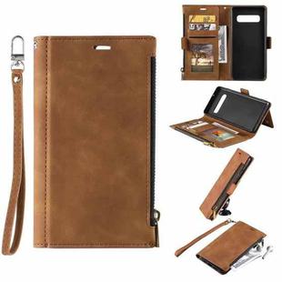 For Samsung Galaxy S10+ Side Zipper Back Card Horizontal Flip PU Leather Case with Card Slots & Wallet & Photo Frame & Lanyard(Brown)
