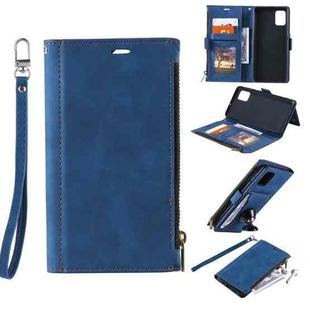 For Samsung Galaxy S20 FE Side Zipper Back Card Horizontal Flip PU Leather Case with Card Slots & Wallet & Photo Frame & Lanyard(Blue)