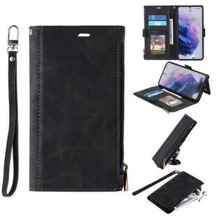 For Samsung Galaxy S21 5G Side Zipper Back Card Horizontal Flip PU Leather Case with Card Slots & Wallet & Photo Frame & Lanyard(Black)