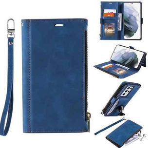 For Samsung Galaxy S21 Ultra 5G Side Zipper Back Card Horizontal Flip PU Leather Case with Card Slots & Wallet & Photo Frame & Lanyard(Blue)