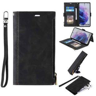 For Samsung Galaxy S21+ 5G Side Zipper Back Card Horizontal Flip PU Leather Case with Card Slots & Wallet & Photo Frame & Lanyard(Black)