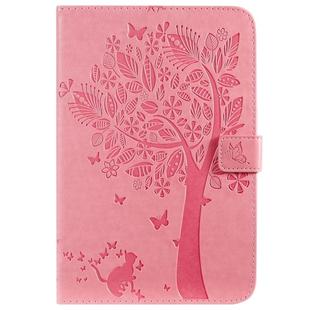 For iPad Mini 2019 & 4 & 3 & 2 & 1 Pressed Printing Cat and Tree Pattern Horizontal Flip Leather Case with Holder & Card Slots & Wallet(Pink)