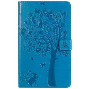 For Galaxy Tab A 8.0 (2019) T295/T290 Pressed Printing Cat and Tree Pattern Horizontal Flip Leather Case with Holder & Card Slots & Wallet(Blue)