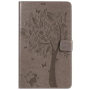 For Galaxy Tab A 8.0 (2019) T295/T290 Pressed Printing Cat and Tree Pattern Horizontal Flip Leather Case with Holder & Card Slots & Wallet(Grey)