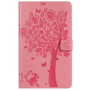 For Galaxy Tab A 8.0 (2019) T295/T290 Pressed Printing Cat and Tree Pattern Horizontal Flip Leather Case with Holder & Card Slots & Wallet(Pink)