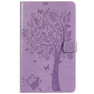 For Galaxy Tab A 8.0 (2019) T295/T290 Pressed Printing Cat and Tree Pattern Horizontal Flip Leather Case with Holder & Card Slots & Wallet(Purple)