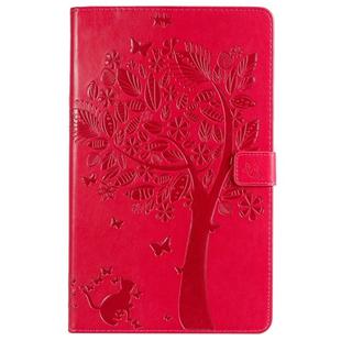 For Galaxy Tab A 10.1 (2019) Pressed Printing Cat and Tree Pattern Horizontal Flip Leather Case with Holder & Card Slots & Wallet(Rose Red)