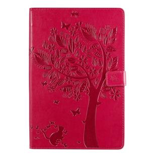 For Galaxy Tab S5e Pressed Printing Cat and Tree Pattern Horizontal Flip Leather Case with Holder & Card Slots & Wallet(Rose Red)