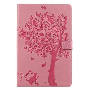 For Galaxy Tab S5e Pressed Printing Cat and Tree Pattern Horizontal Flip Leather Case with Holder & Card Slots & Wallet(Pink)