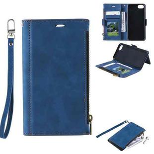For iPhone SE 2022 / SE 2020 / 8 / 7 Side Zipper Back Card Horizontal Flip PU Leather Case with Card Slots & Wallet & Photo Frame & Lanyard(Blue)
