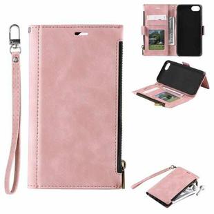 For iPhone SE 2022 / SE 2020 / 8 / 7 Side Zipper Back Card Horizontal Flip PU Leather Case with Card Slots & Wallet & Photo Frame & Lanyard(Pink)