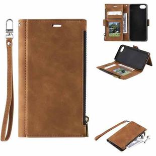 For iPhone SE 2022 / SE 2020 / 8 / 7 Side Zipper Back Card Horizontal Flip PU Leather Case with Card Slots & Wallet & Photo Frame & Lanyard(Brown)