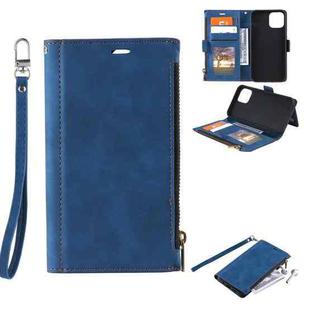 For iPhone 12 Pro Max Side Zipper Back Card Horizontal Flip PU Leather Case with Card Slots & Wallet & Photo Frame & Lanyard(Blue)