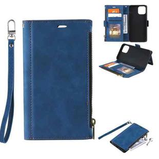 For iPhone 13 Side Zipper Back Card Horizontal Flip PU Leather Case with Card Slots & Wallet & Photo Frame & Lanyard(Blue)