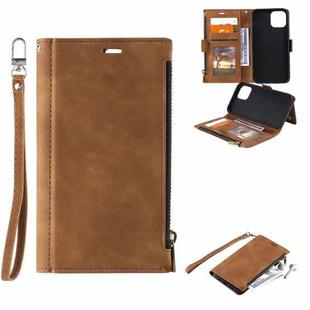 For iPhone 13 Side Zipper Back Card Horizontal Flip PU Leather Case with Card Slots & Wallet & Photo Frame & Lanyard(Brown)