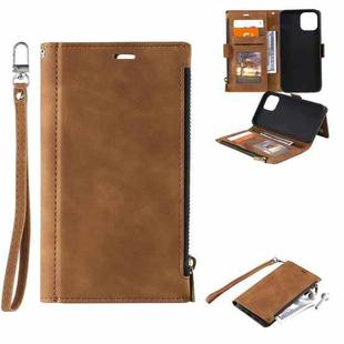 For iPhone 13 Pro Max Side Zipper Back Card Horizontal Flip PU Leather Case with Card Slots & Wallet & Photo Frame & Lanyard (Brown)