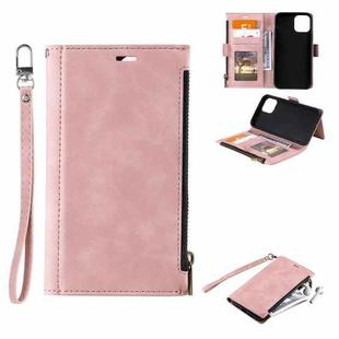 For iPhone 13 Pro Side Zipper Back Card Horizontal Flip PU Leather Case with Card Slots & Wallet & Photo Frame & Lanyard (Pink)