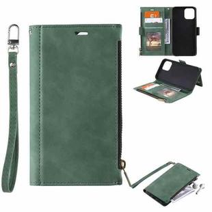 For iPhone 11 Pro Side Zipper Back Card Horizontal Flip PU Leather Case with Card Slots & Wallet & Photo Frame & Lanyard (Green)