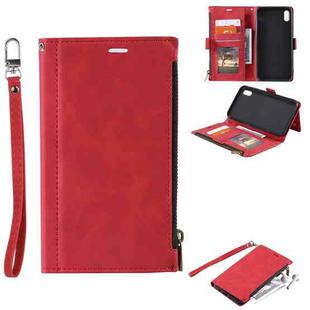 For iPhone X / XS Side Zipper Back Card Horizontal Flip PU Leather Case with Card Slots & Wallet & Photo Frame & Lanyard(Red)