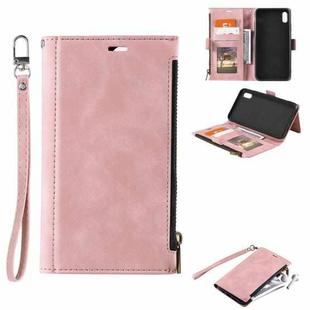 For iPhone X / XS Side Zipper Back Card Horizontal Flip PU Leather Case with Card Slots & Wallet & Photo Frame & Lanyard(Pink)