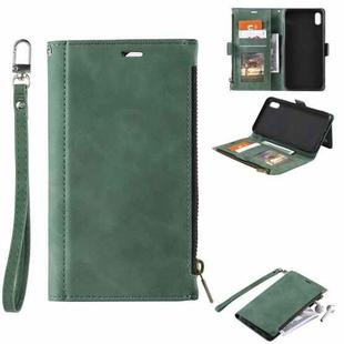 For iPhone XR Side Zipper Back Card Horizontal Flip PU Leather Case with Card Slots & Wallet & Photo Frame & Lanyard(Green)