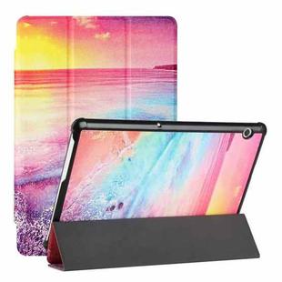 For Huawei MediaPad T5 Silk Texture Colored Drawing Pattern Horizontal Flip Magnetic PU Leather Case with Three-folding Holder (Seaside)