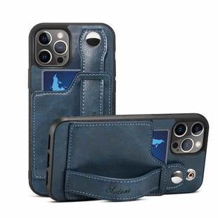 For iPhone 13 mini TPU + PU Leather Shockproof Protective Case with Card Slots and Hand Strap (Blue)