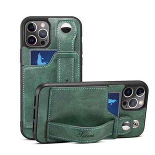 For iPhone 13 Pro TPU + PU Leather Shockproof Protective Case with Card Slots and Hand Strap (Green)