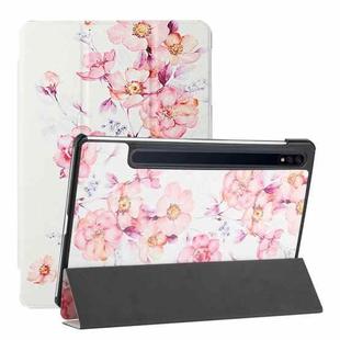 For Samsung Galaxy Tab S8 / Galaxy Tab S7 T870/T875 Silk Texture Colored Drawing Pattern Horizontal Flip Magnetic PU Leather Case with Three-folding Holder & Sleep / Wake-up Function(Camellia)