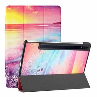 For Samsung Galaxy Tab S8 / Galaxy Tab S7 T870/T875 Silk Texture Colored Drawing Pattern Horizontal Flip Magnetic PU Leather Case with Three-folding Holder & Sleep / Wake-up Function(Seaside)