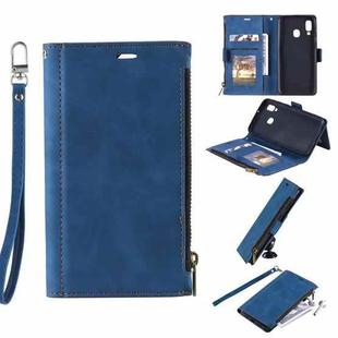 For Samsung Galaxy A20e Side Zipper Back Card Horizontal Flip PU Leather Case with Card Slots & Wallet & Photo Frame & Lanyard(Blue)