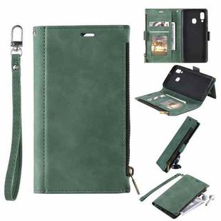For Samsung Galaxy A20e Side Zipper Back Card Horizontal Flip PU Leather Case with Card Slots & Wallet & Photo Frame & Lanyard(Green)