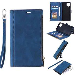 For Samsung Galaxy A42 5G Side Zipper Back Card Horizontal Flip PU Leather Case with Card Slots & Wallet & Photo Frame & Lanyard(Blue)