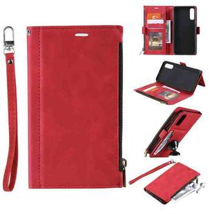 For Samsung Galaxy A50s Side Zipper Back Card Horizontal Flip PU Leather Case with Card Slots & Wallet & Photo Frame & Lanyard(Red)