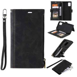 For Samsung Galaxy A71 Side Zipper Back Card Horizontal Flip PU Leather Case with Card Slots & Wallet & Photo Frame & Lanyard(Black)