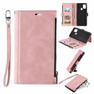 For Samsung Galaxy A21s Side Zipper Back Card Horizontal Flip PU Leather Case with Card Slots & Wallet & Photo Frame & Lanyard(Pink)