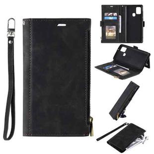 For Samsung Galaxy A21s Side Zipper Back Card Horizontal Flip PU Leather Case with Card Slots & Wallet & Photo Frame & Lanyard(Black)