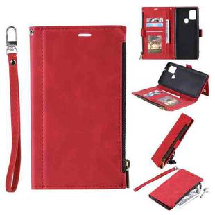 For Samsung Galaxy A21s Side Zipper Back Card Horizontal Flip PU Leather Case with Card Slots & Wallet & Photo Frame & Lanyard(Red)