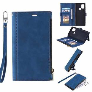 For Samsung Galaxy A21s Side Zipper Back Card Horizontal Flip PU Leather Case with Card Slots & Wallet & Photo Frame & Lanyard(Blue)