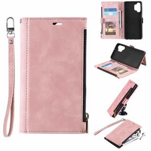 For Samsung Galaxy A32 5G Side Zipper Back Card Horizontal Flip PU Leather Case with Card Slots & Wallet & Photo Frame & Lanyard(Pink)