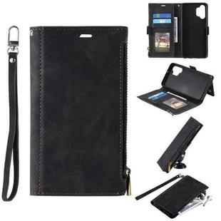 For Samsung Galaxy A32 5G Side Zipper Back Card Horizontal Flip PU Leather Case with Card Slots & Wallet & Photo Frame & Lanyard(Black)