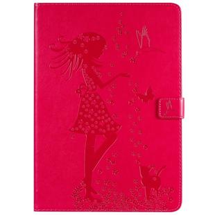For iPad 10.2 / Pro 10.5 / Air 2019 Pressed Printing Woman and Cat Pattern Horizontal Flip Leather Case with Holder & Card Slots & Wallet(Rose Red)