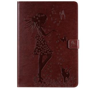 For iPad 10.2 / Pro 10.5 / Air 2019 Pressed Printing Woman and Cat Pattern Horizontal Flip Leather Case with Holder & Card Slots & Wallet(Brown)