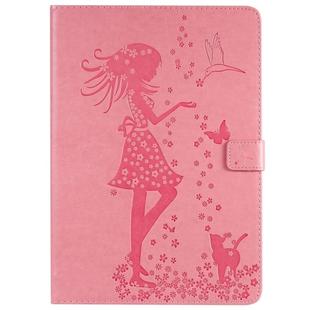 For iPad 10.2 / Pro 10.5 / Air 2019 Pressed Printing Woman and Cat Pattern Horizontal Flip Leather Case with Holder & Card Slots & Wallet(Pink)