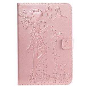 For iPad Mini 2019 & 4 & 3 & 2 & 1 Pressed Printing Woman and Cat Pattern Horizontal Flip Leather Case with Holder & Card Slots & Wallet(Rose Gold)