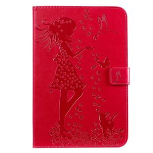 For iPad Mini 2019 & 4 & 3 & 2 & 1 Pressed Printing Woman and Cat Pattern Horizontal Flip Leather Case with Holder & Card Slots & Wallet(Rose Red)