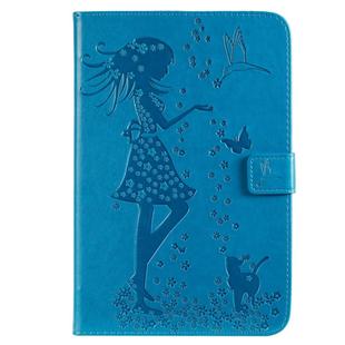 For iPad Mini 2019 & 4 & 3 & 2 & 1 Pressed Printing Woman and Cat Pattern Horizontal Flip Leather Case with Holder & Card Slots & Wallet(Blue)